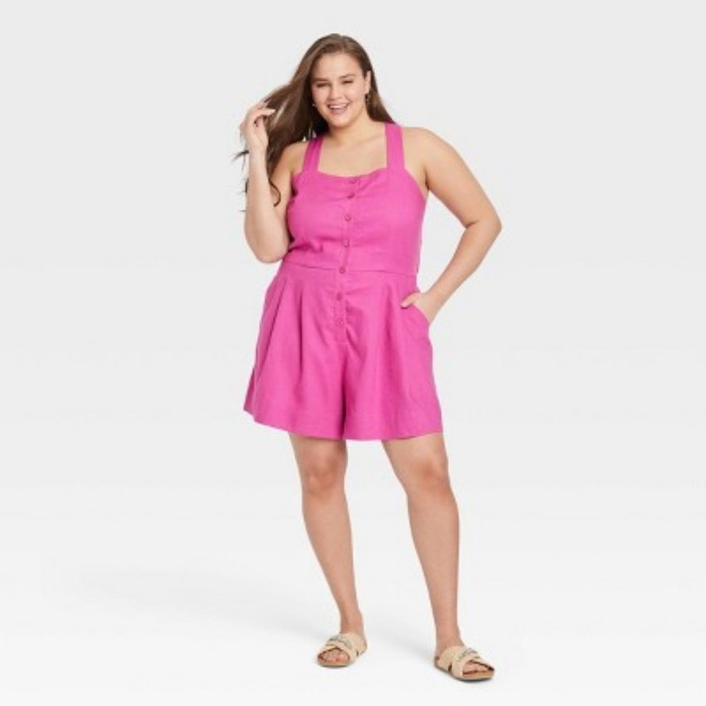 A New Day Pink Sleeveless Crossback Linen Shorts Romper Sz 4X